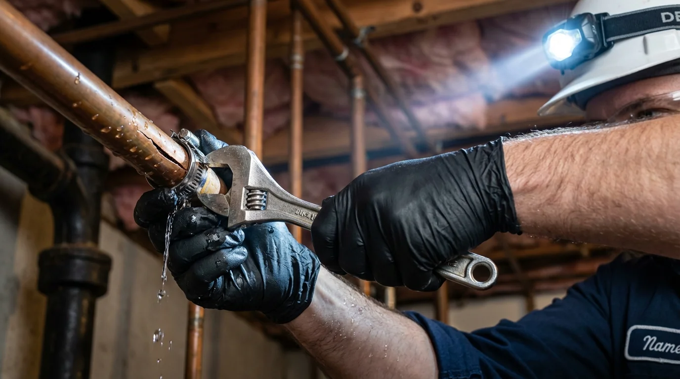 Emergency pipe clamp repair being performed by a Johns Plumbing LLC plumber in Calhoun City